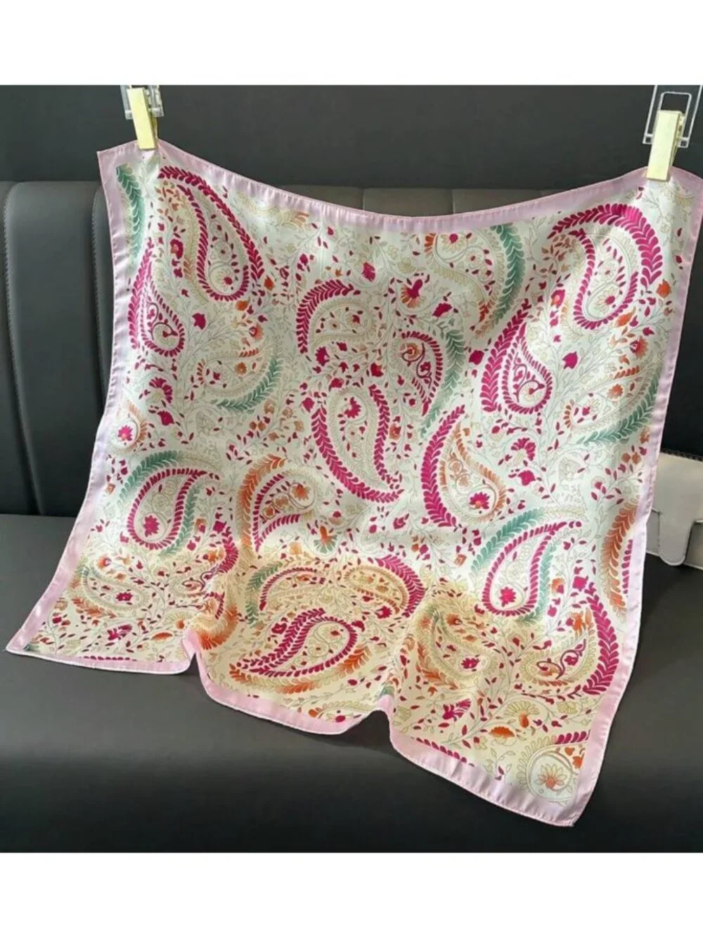 ✨Luxury Silky Square Scarf Pink Magenta Beige Paisley Vintage Print Wrap Stylish
